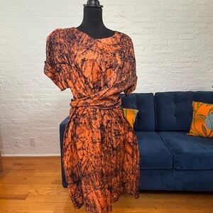 Zanaani Orange Tie-Dye Short Sleeve Wrap Dress